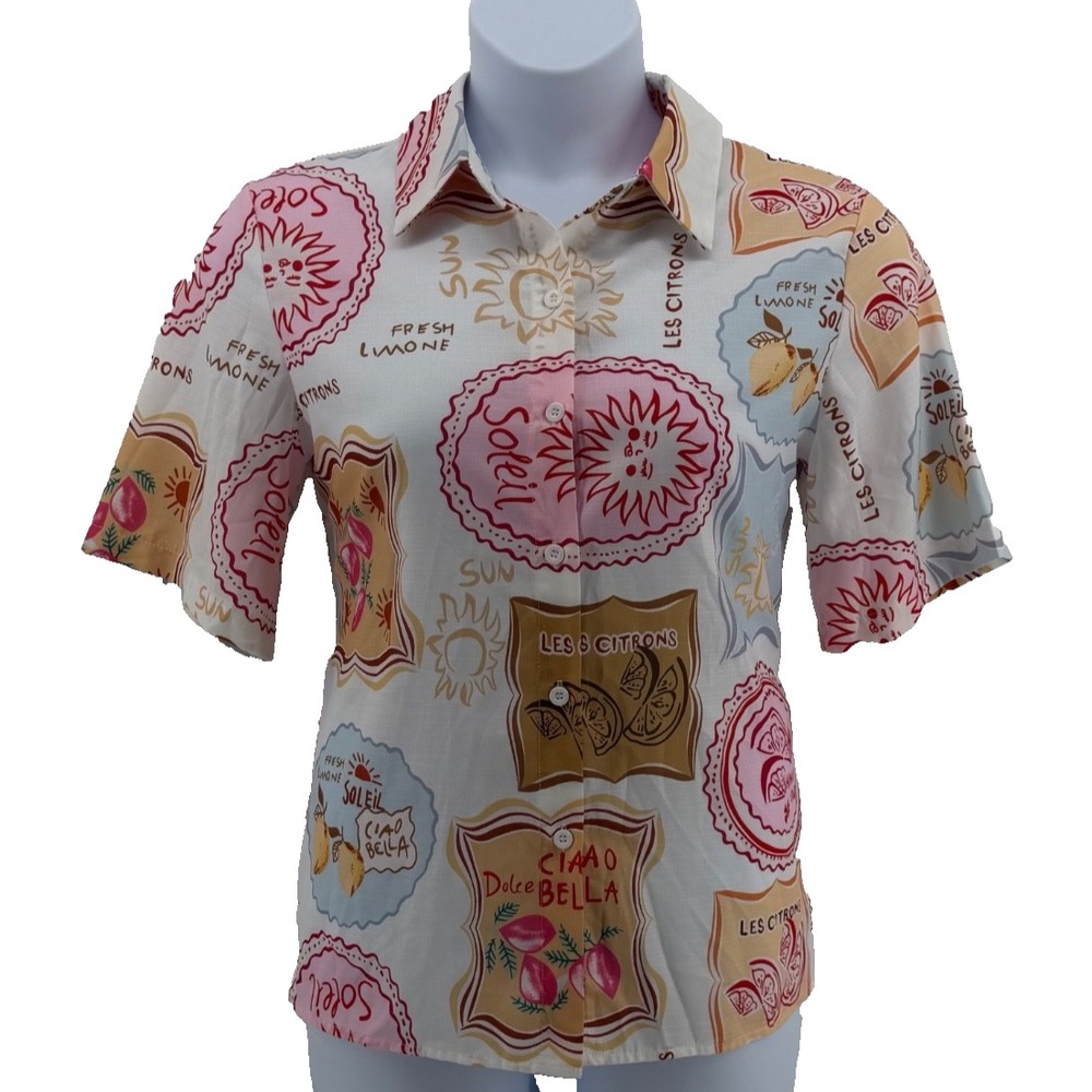 Linen Sunday Up Amalfi Coast Button Front Shirt Women's Medium  Print Top